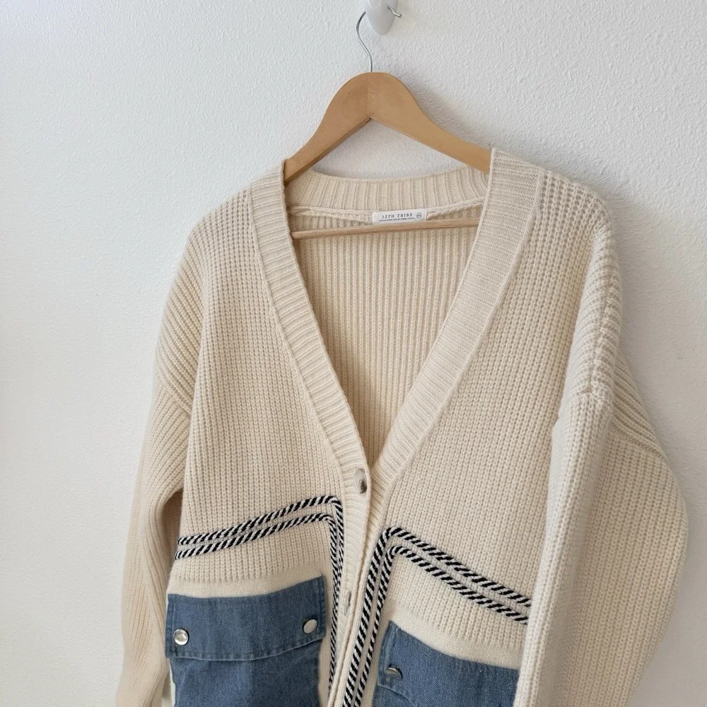 Women's Open Front Cardigan‎ Oversized Button Down Denim Jean Patchwork Sweater - Picture 2 of 9